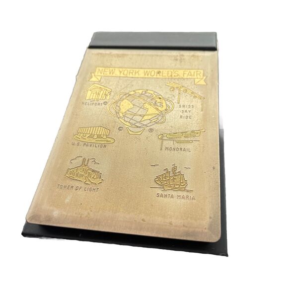New York Worlds Fair Metal Note Pad Holder Graphics Heliport Sky Ride Monorail - Picture 2 of 9